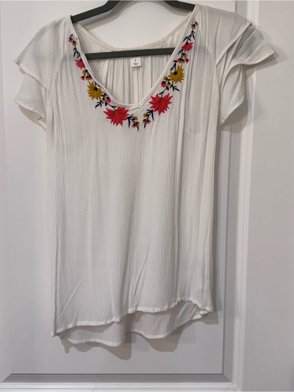 White V-Neck Top with Pink & Yellow Floral Embroidery